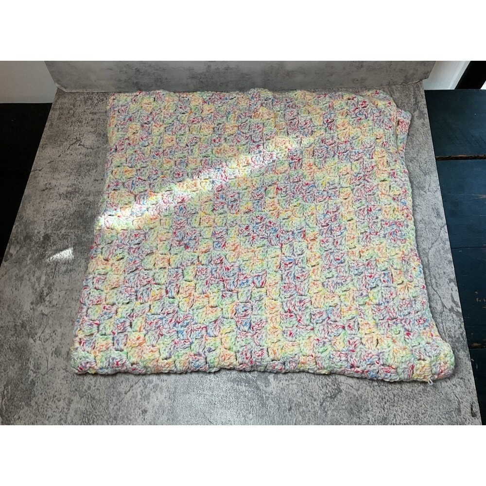 Hand Crocheted Baby Afghan Blanket Crib Throw Colorful Pink Blue Green 34” X 36”